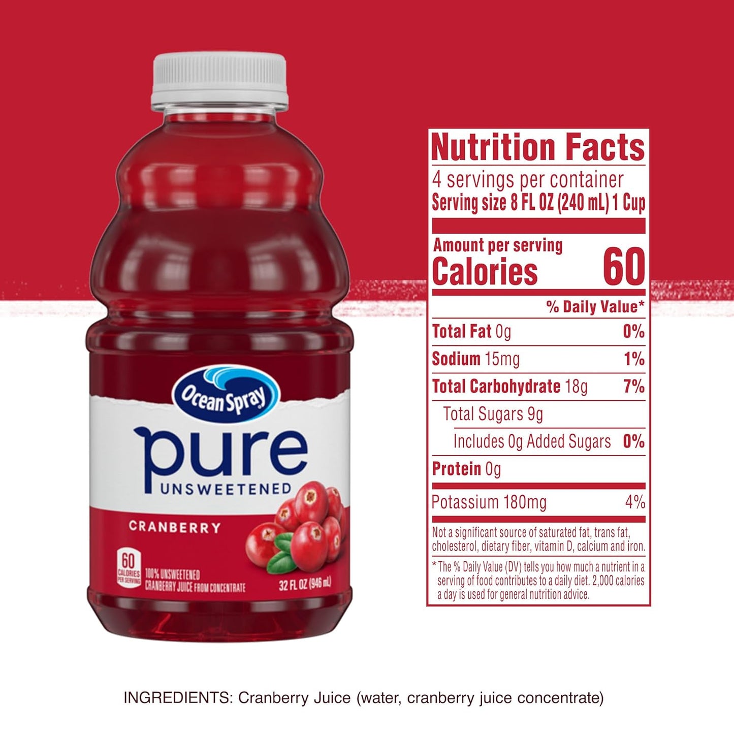 Ocean Spray® Pure Unsweetened Cranberry Juice – Midday Mocktail Pick-Me-Up for Busy Professionals, 32 Fl Oz