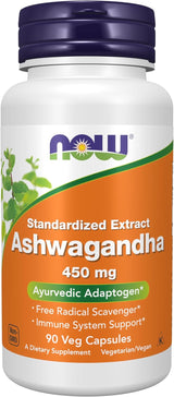 NOW Supplements Ashwagandha 450 mg – Neutral-Toned Wellness Essential for Uncluttered Spaces, 90 Veg Capsules