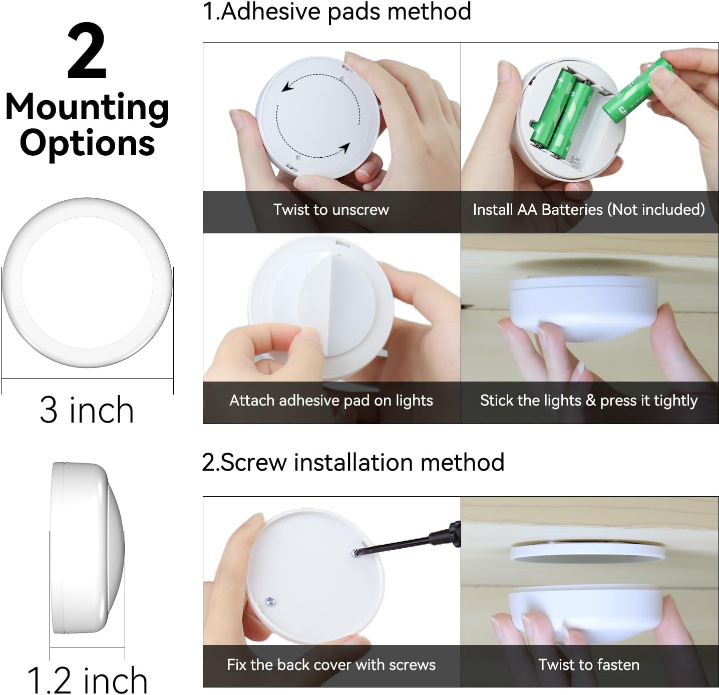Brilliant Evolution Cordless Puck Lights in White Finish, Simple Push Button Design for Uncluttered Bedroom and Wardrobe