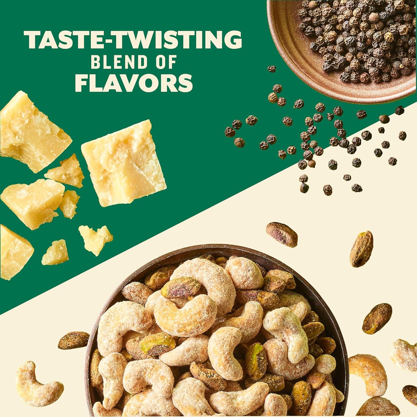four flavor variants including cocoa & espresso, peppercorn & parmesan, ranch & buffalo, and a 2-pack combo