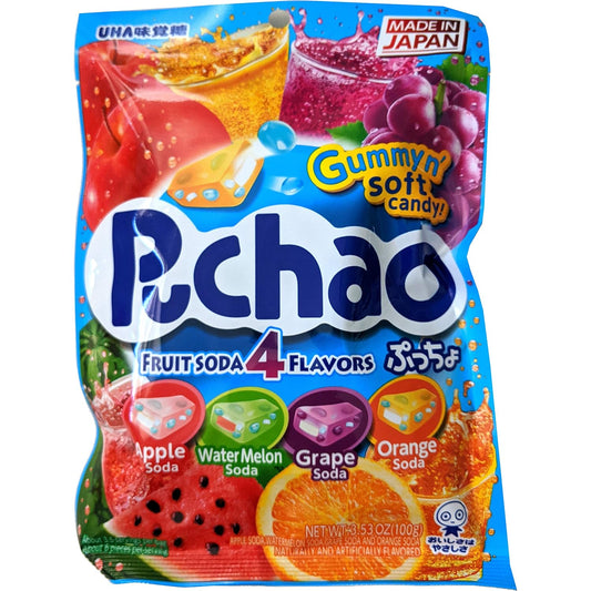 four fruit soda flavors: apple, watermelon, grape, and orange