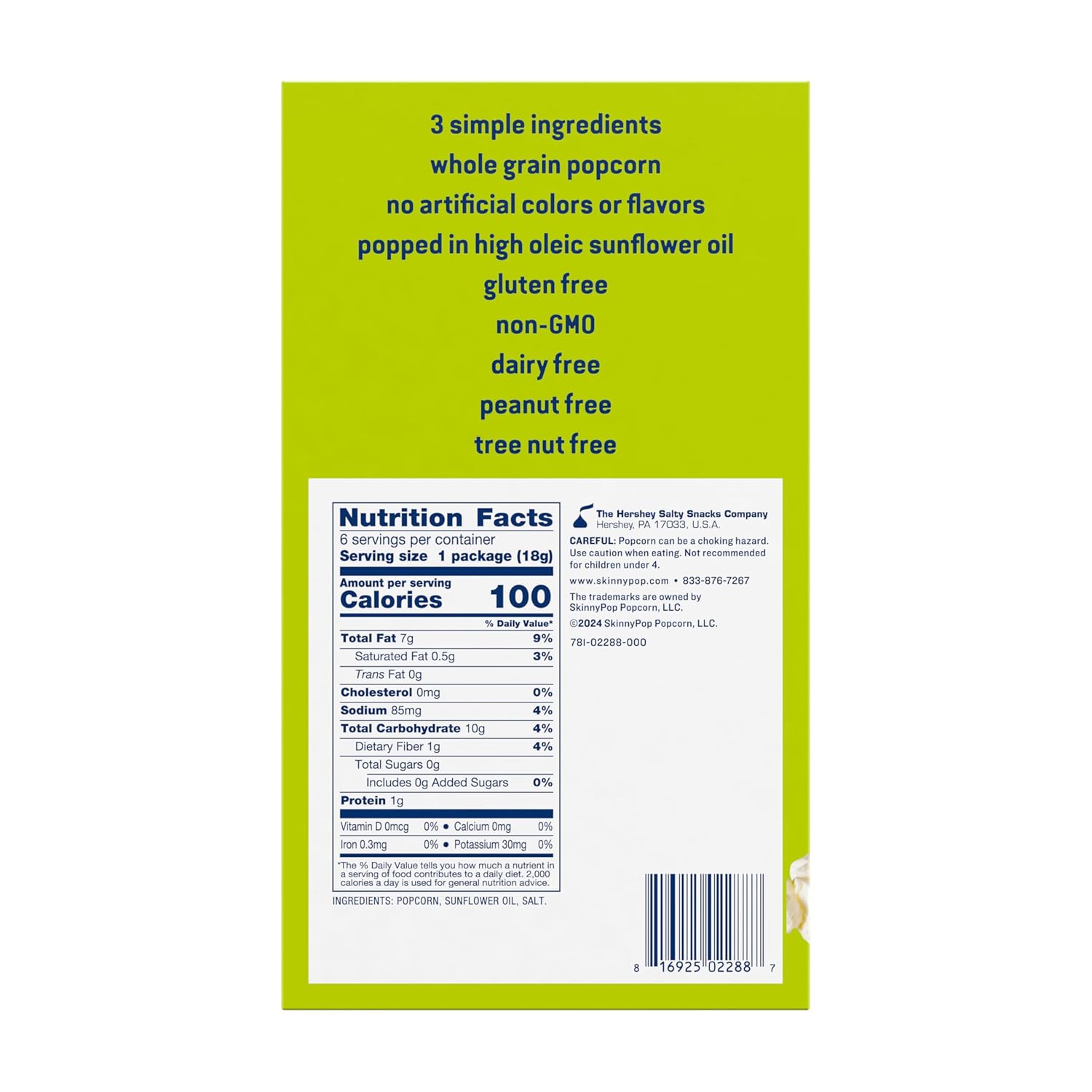 made with only 3 ingredients: whole grain popcorn, sunflower oil, and salt