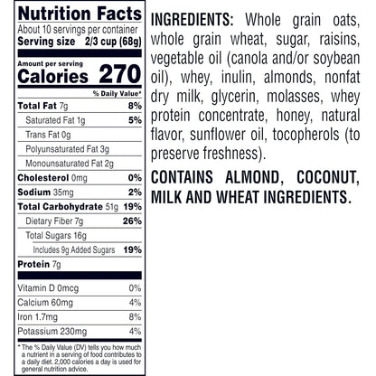 made with whole grain oats, real honey, raisins, and almonds