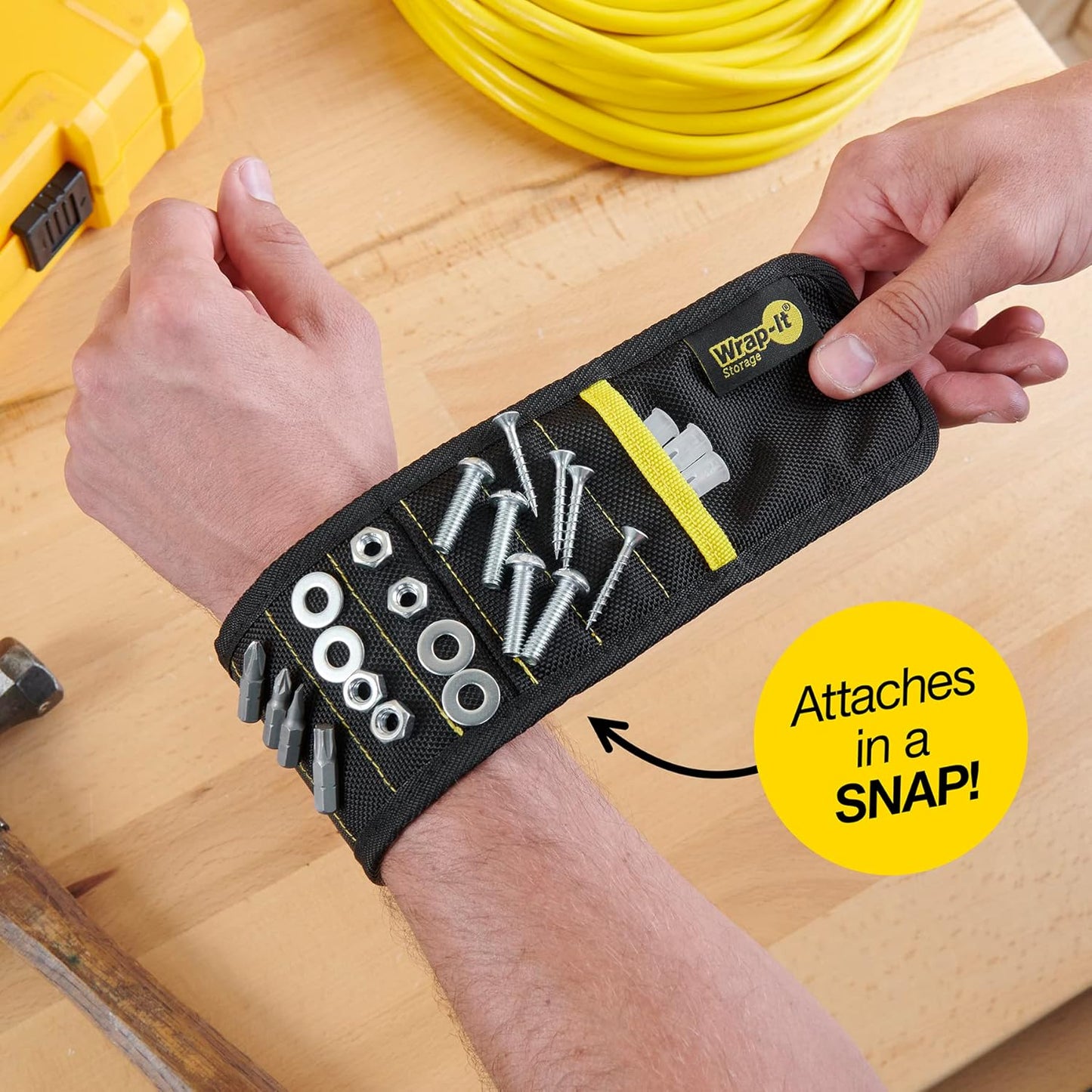 MagSnap Magnetic Wristband by Wrap-It Storage - Red Accent Magnetic Wristband, Compact Hardware Holder With a Pop of Color