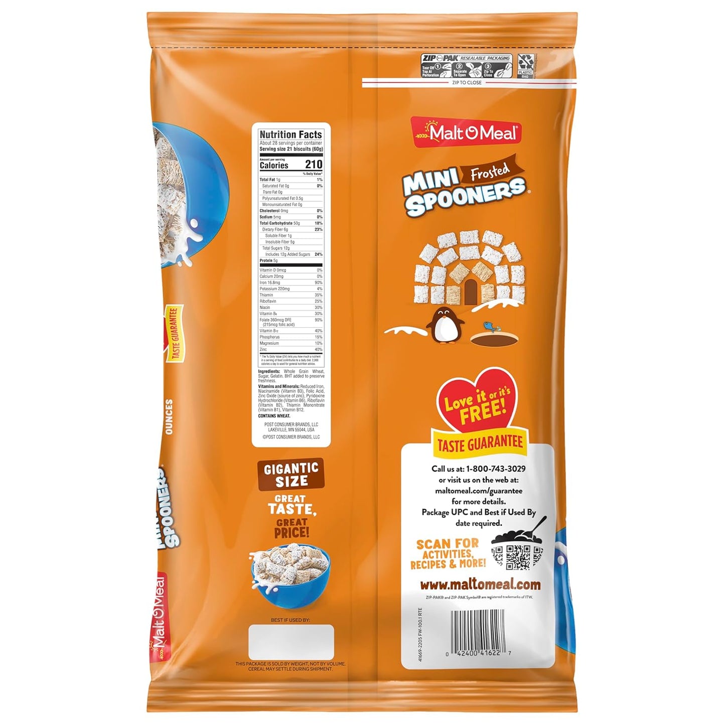 Malt-O-Meal Frosted Mini Spooners Shredded Wheat Cereal, 60 oz Durable Stand-Up Bag – Portable Breakfast Squares for RV Trips and Cabin Stays