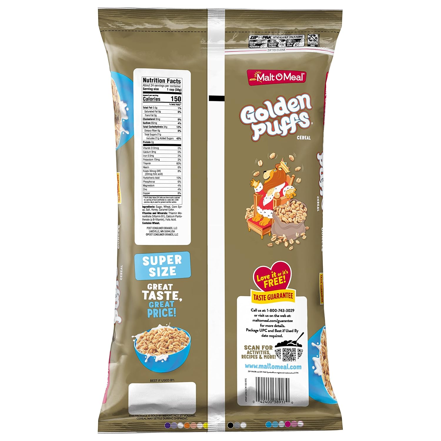 Malt-O-Meal Golden Puffs Sweetened Puffed Wheat Cereal – Grab-and-Go Office Snack for Long Workdays, 32 oz Resealable Bag