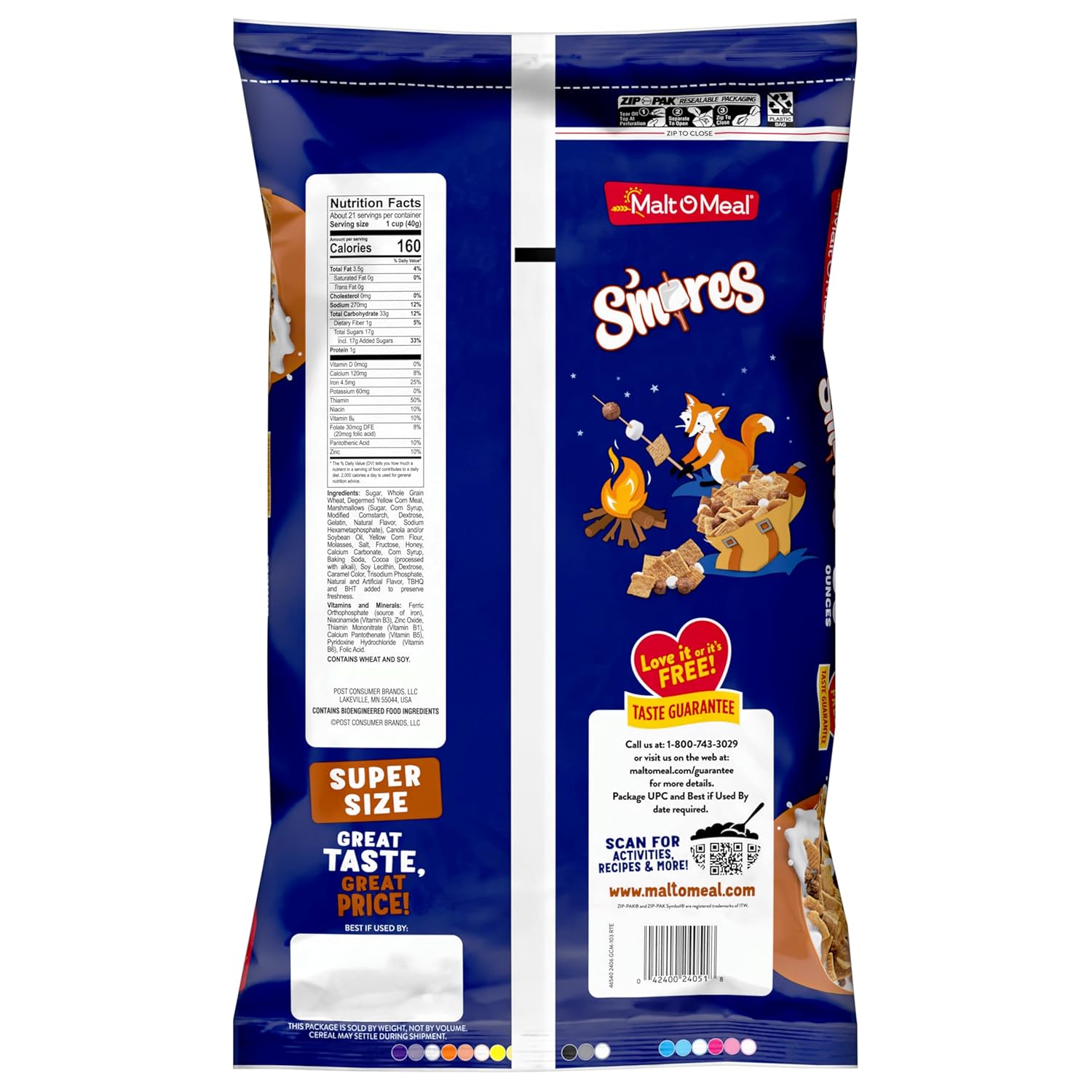 Malt-O-Meal S'mores Cereal – Focus-Boosting Sweet Snack for Late-Night Homework and Project Fuel, 30 oz