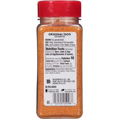 McCormick Taco Seasoning Mix – Better-For-You Taco Spice, No Dairy No Artificial Flavors, Family Size Pouch