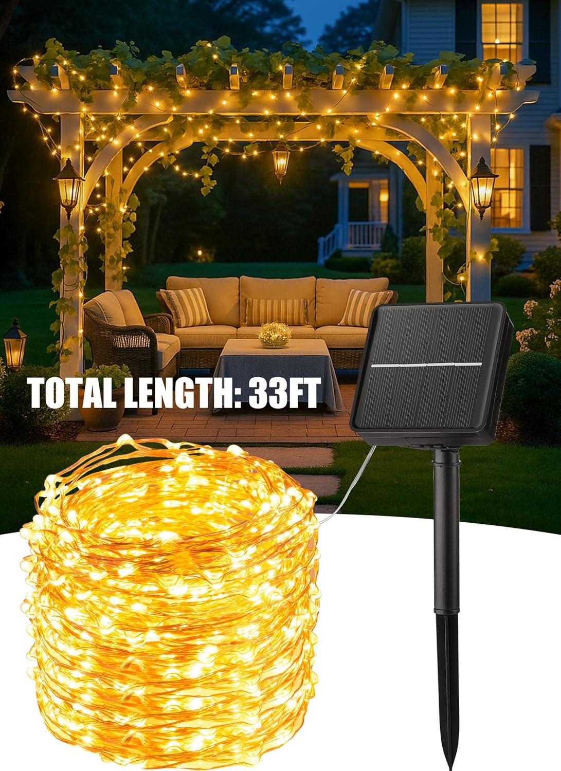 Minetom Solar String Lights Less is More, 33Ft 100 LED Understated Warm White Lights for Quiet Corners