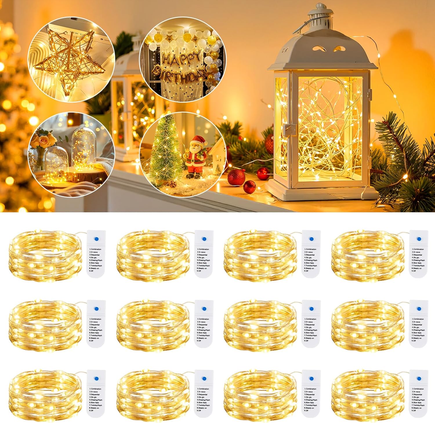 Minetom Twinkle String Lights for Covered Porch and Garden Party, IP65 Waterproof Battery Operated Fairy Lights 12 Pack