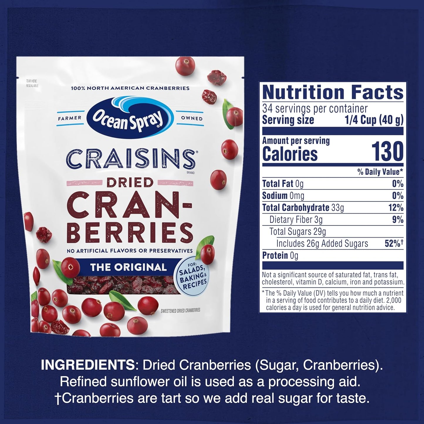 minimal ingredient list: cranberries and sugar with sunflower oil processing aid