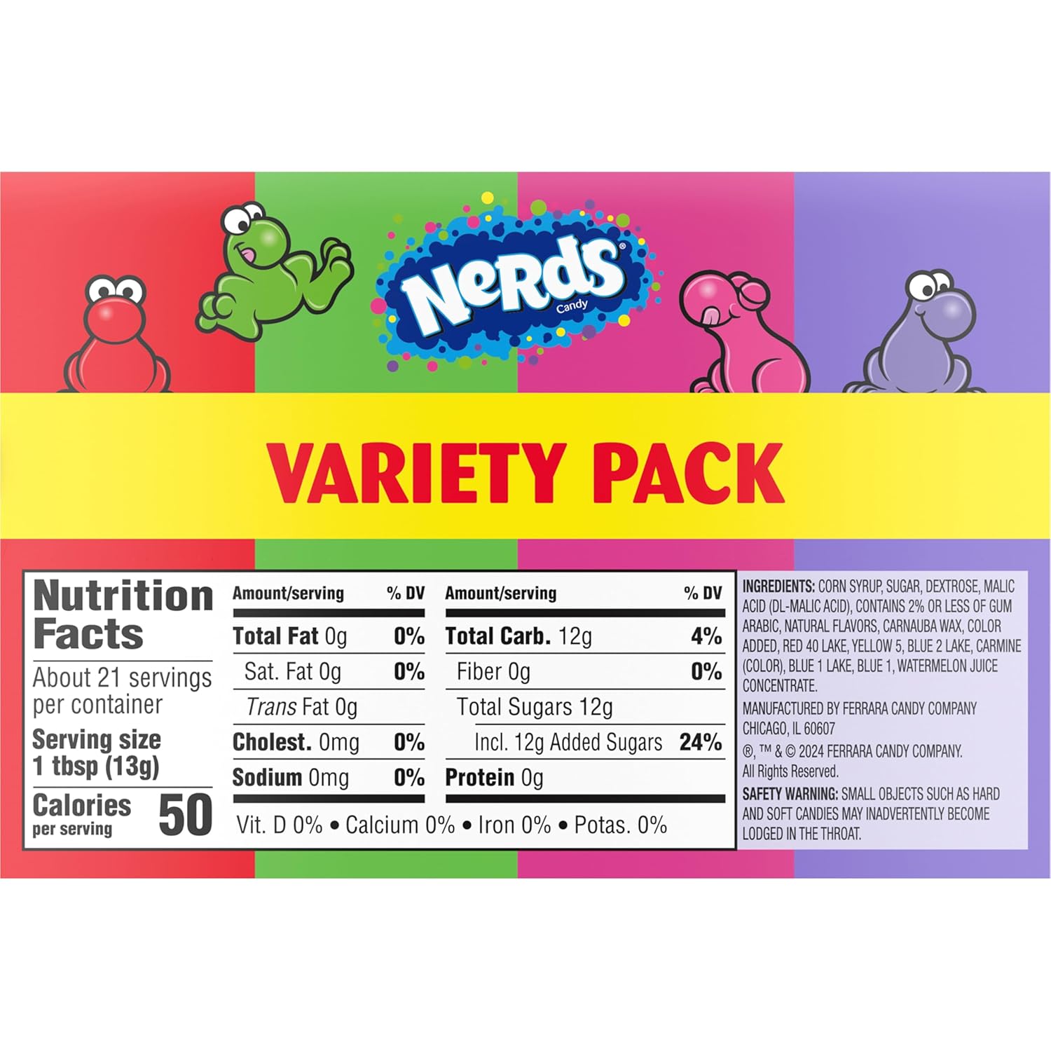 NERDS Crunchy Candy Pack – Shared Coworker Snack for the Conference Room, Dual Chamber Grape Strawberry Watermelon Cherry, 6 Boxes
