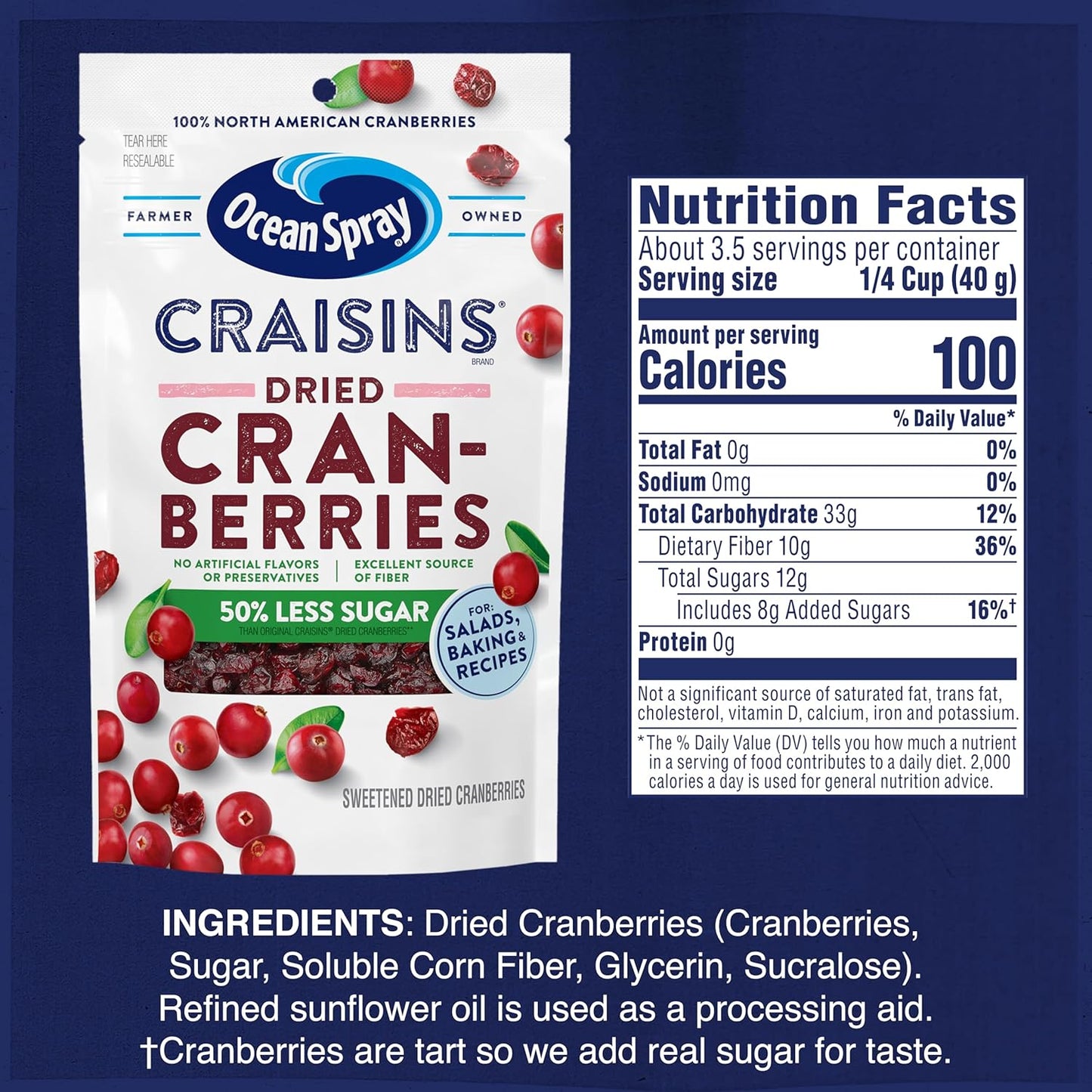 Ocean Spray Craisins 50% Less Sugar Dried Cranberries – Quick Energy Boost Between Meetings, 5 oz Pouches, 12 Count