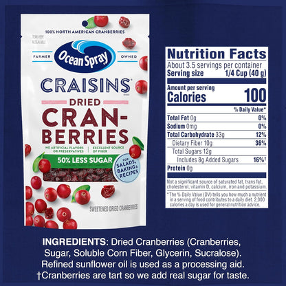 Ocean Spray Craisins 50% Less Sugar Dried Cranberries – Quick Energy Boost Between Meetings, 5 oz Pouches, 12 Count