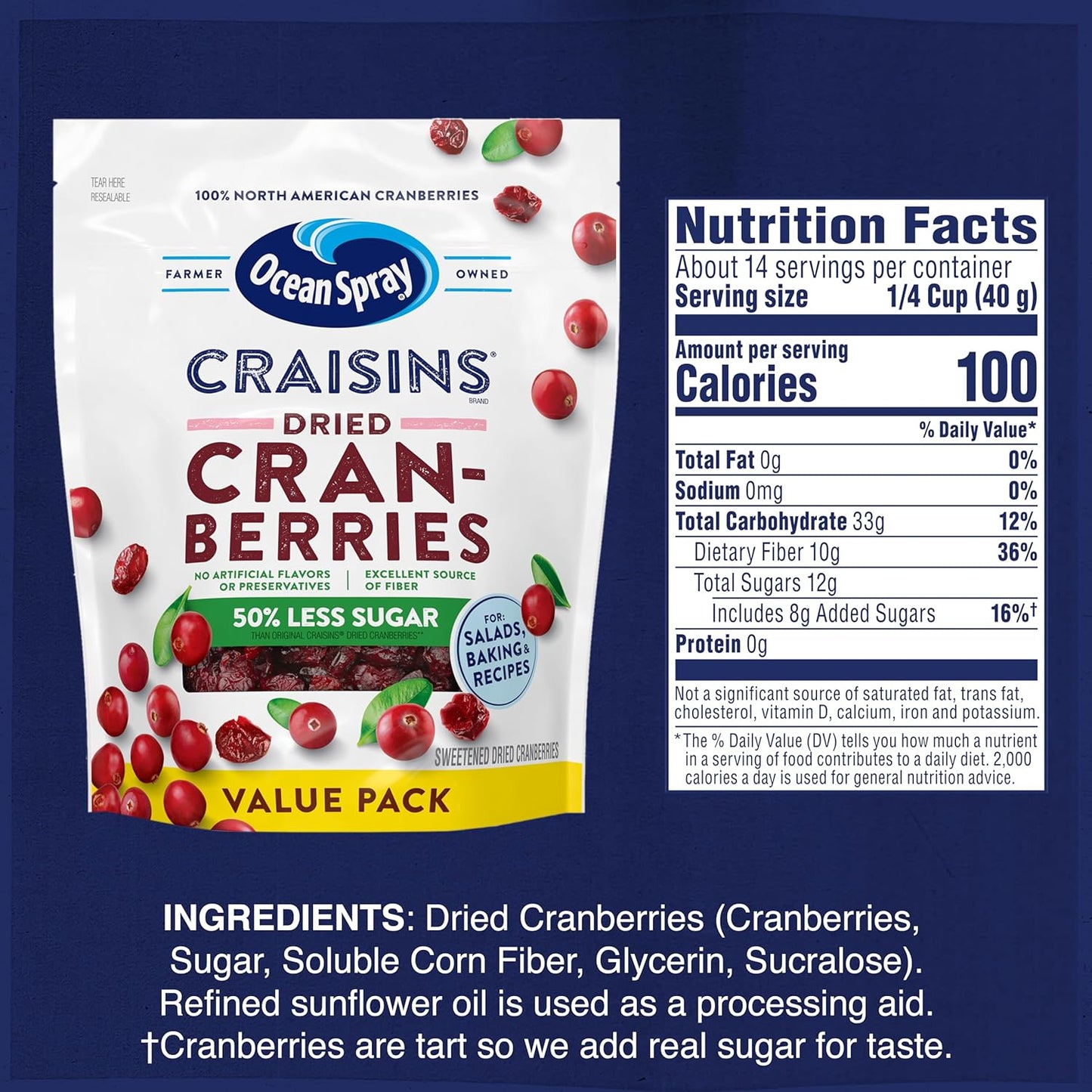 Ocean Spray Craisins 50% Less Sugar Dried Cranberries — Valentines Day Treat for Health Conscious Partners and Stocking Stuffer Favorite