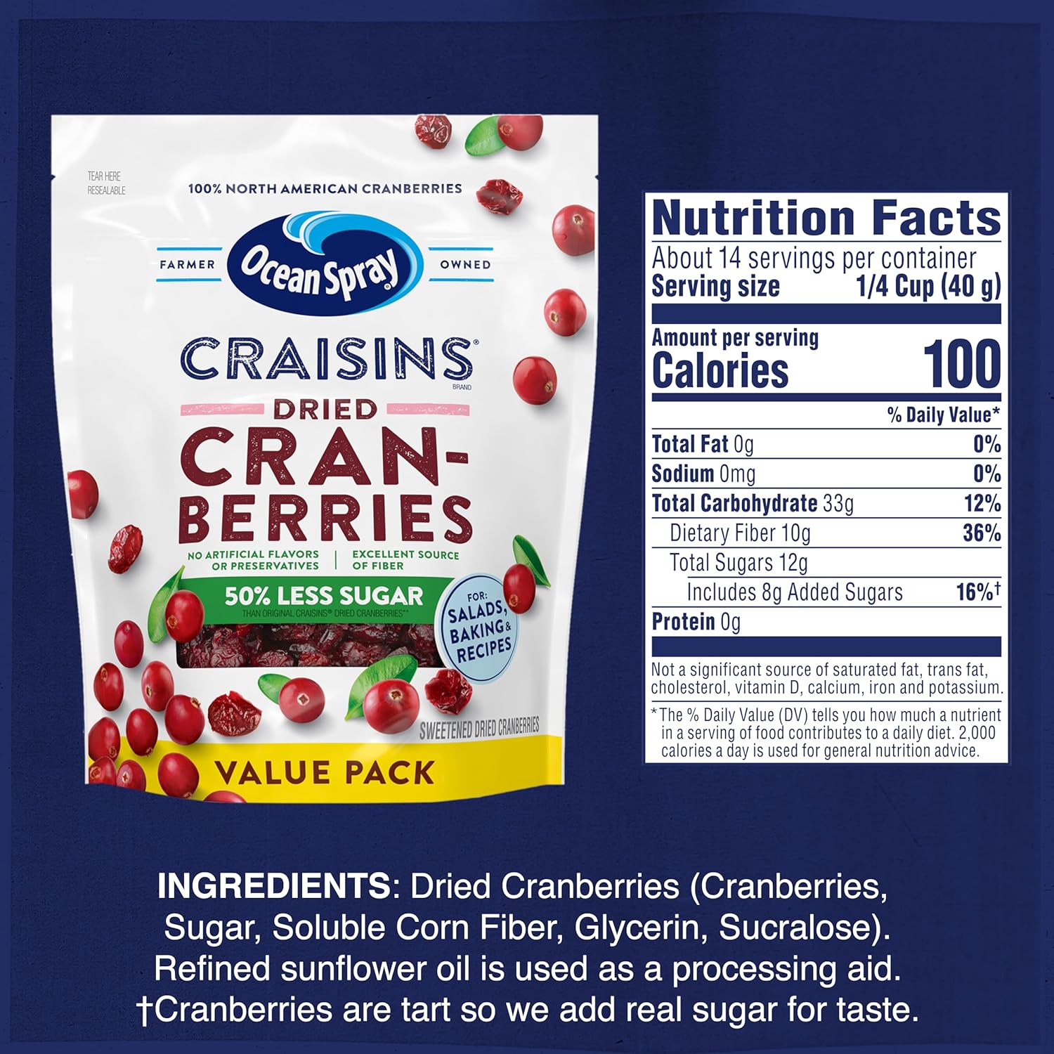 Ocean Spray Craisins 50% Less Sugar Dried Cranberries — Valentines Day Treat for Health Conscious Partners and Stocking Stuffer Favorite