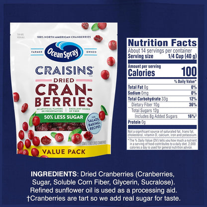 Ocean Spray Craisins 50% Less Sugar Dried Cranberries — Valentines Day Treat for Health Conscious Partners and Stocking Stuffer Favorite