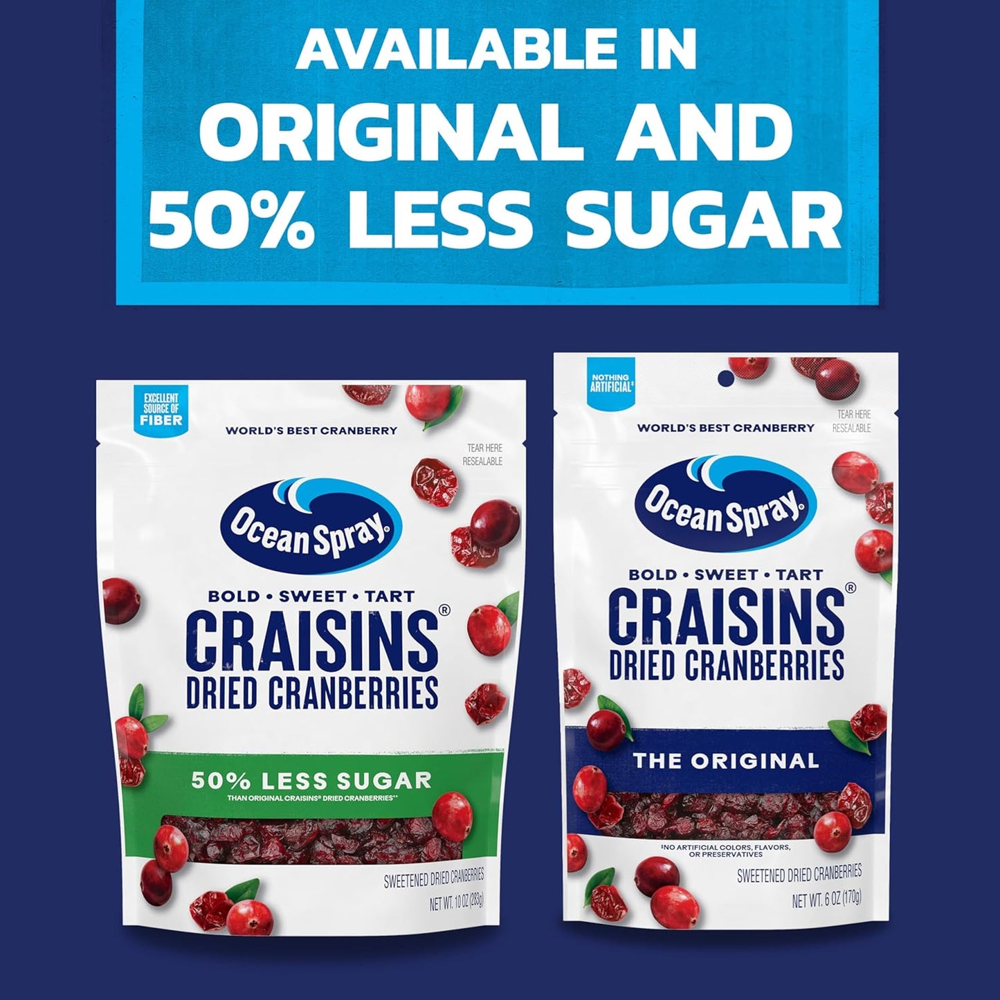 Ocean Spray Craisins 50% Less Sugar Dried Cranberries — Valentines Day Treat for Health Conscious Partners and Stocking Stuffer Favorite