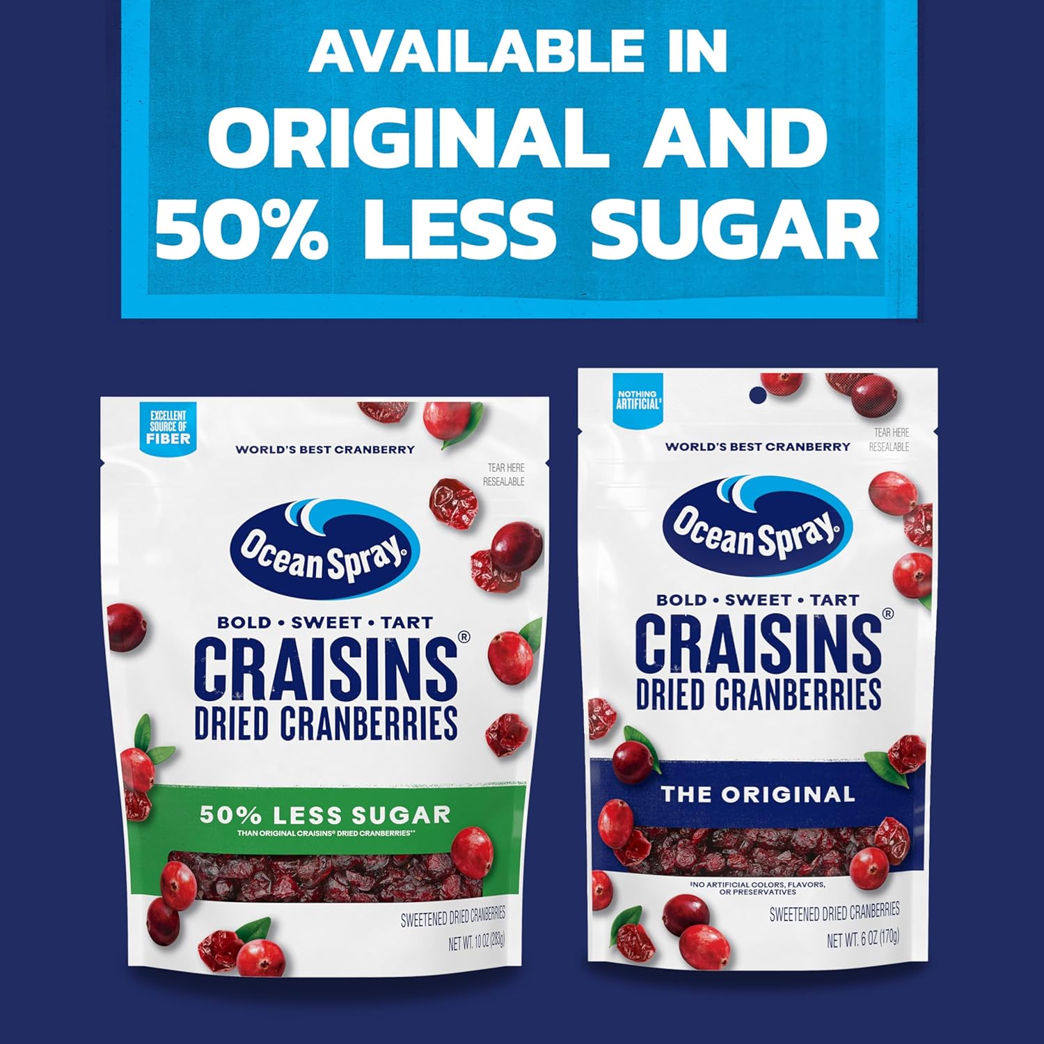 Ocean Spray Craisins 50% Less Sugar Dried Cranberries — Valentines Day Treat for Health Conscious Partners and Stocking Stuffer Favorite