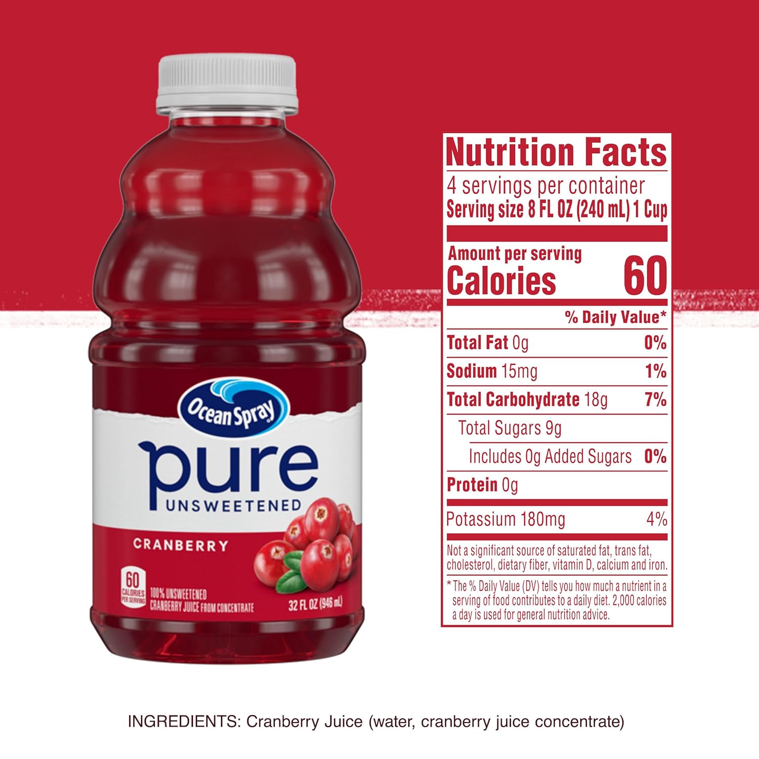Ocean Spray® Pure Unsweetened Cranberry Juice – Midday Mocktail Pick-Me-Up for Busy Professionals, 32 Fl Oz