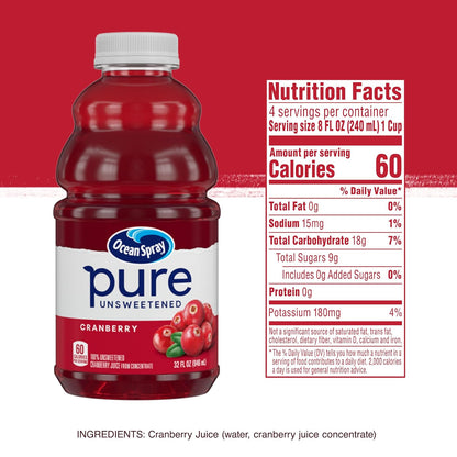 Ocean Spray® Pure Unsweetened Cranberry Juice – Midday Mocktail Pick-Me-Up for Busy Professionals, 32 Fl Oz
