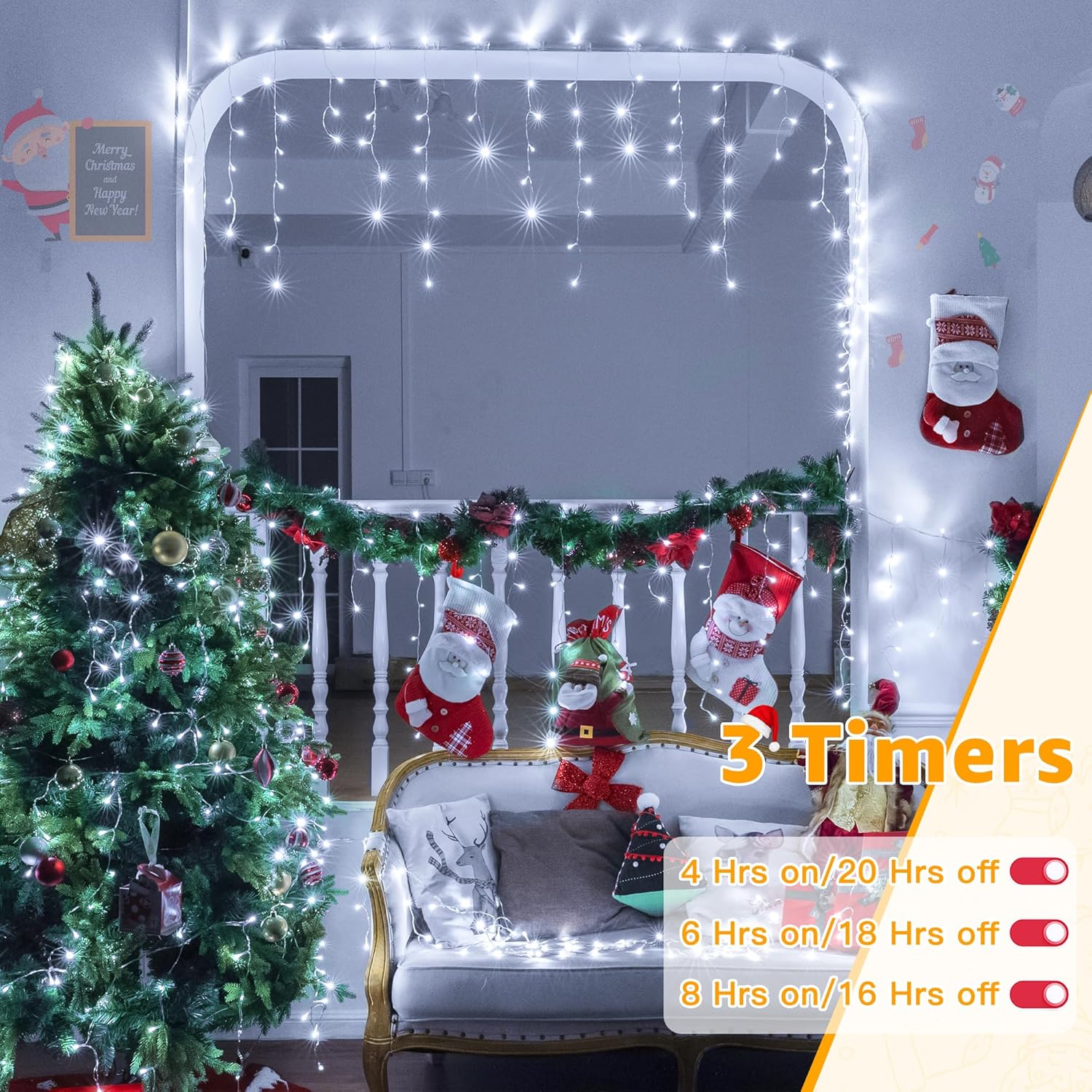 Ollny Flameless Icicle Lights 60FT Cool White – No Heat No Shock LED String Lights Safe Around Kids, Pets and Sleep