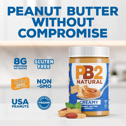 PB2 Natural Creamy Peanut Butter – Gym Bag and Adventure-Ready Nut Butter for Active Lifestyles, 16 oz Jar