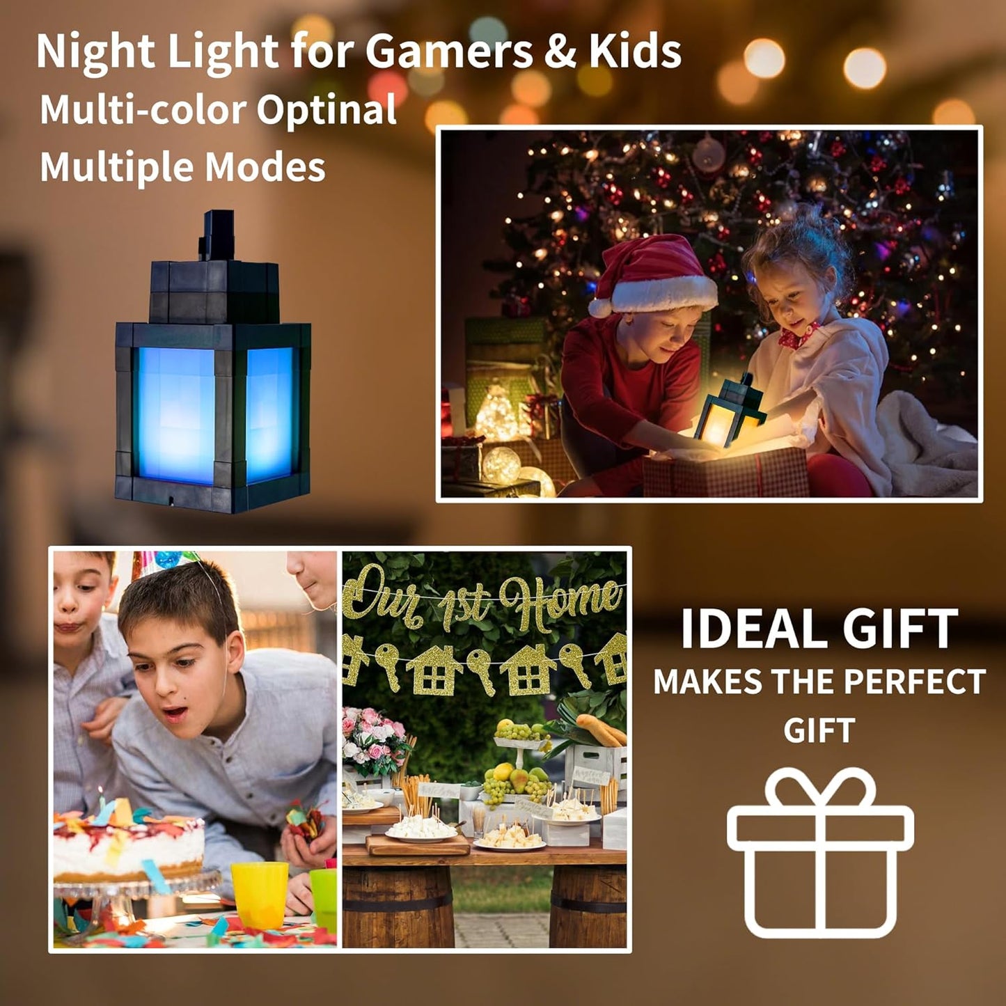 Pixelated Lantern Night Light - Stocking Stuffer Gift for Kids and Gamers, Portable USB Mood Light for Holiday Season