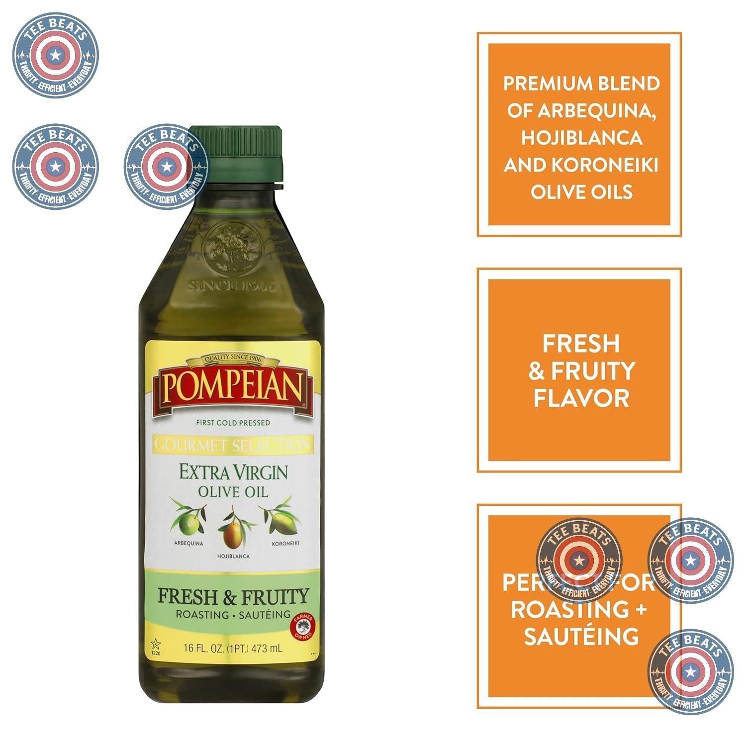 Pompeian Gourmet Selection Extra Virgin Olive Oil – Birthday Gift for the Home Chef, NAOOA-Certified Cold Pressed Olive Oil in 24 oz