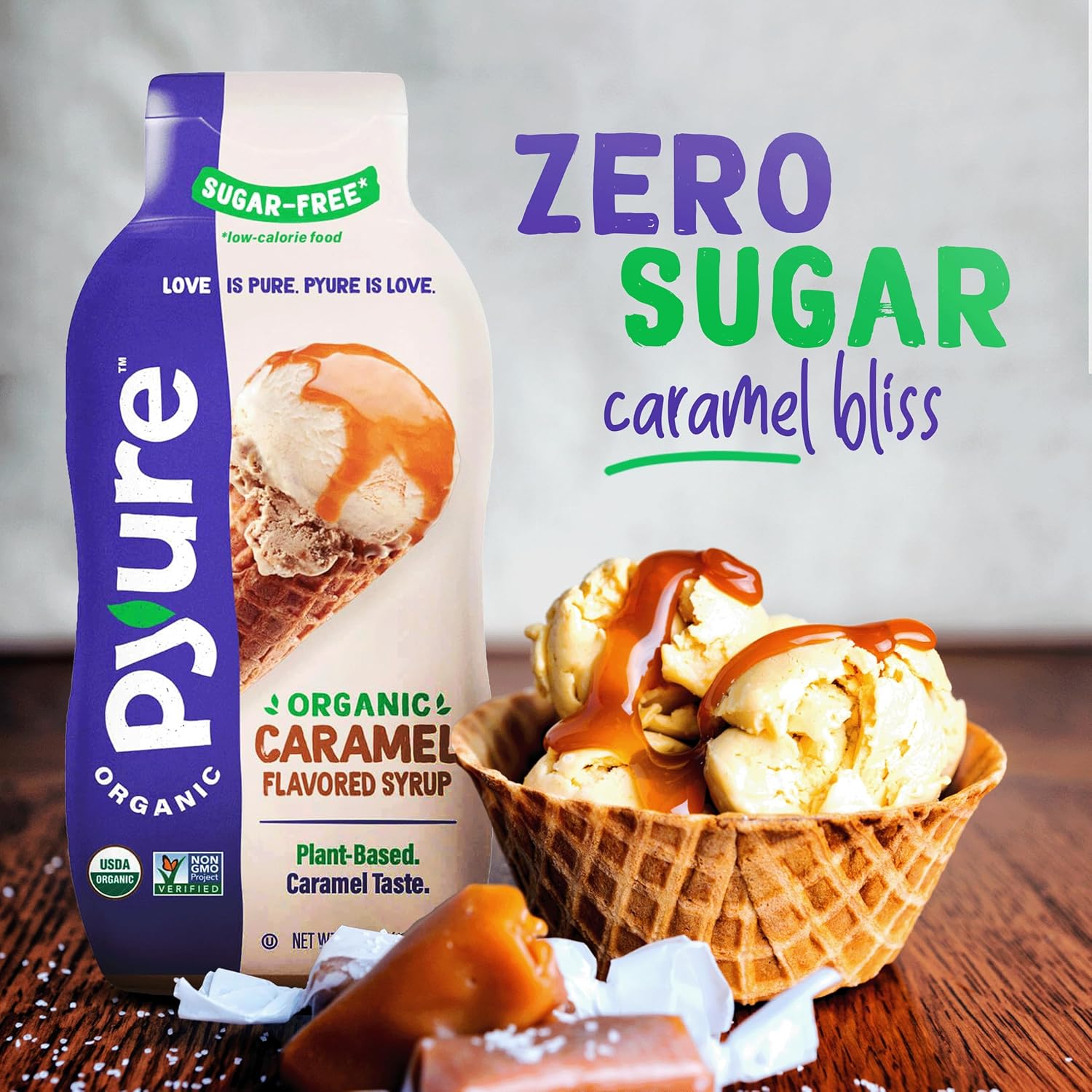 Pyure Organic Caramel Dessert Syrup – Neutral Design Squeeze Bottle for the Minimalist Healthy Home