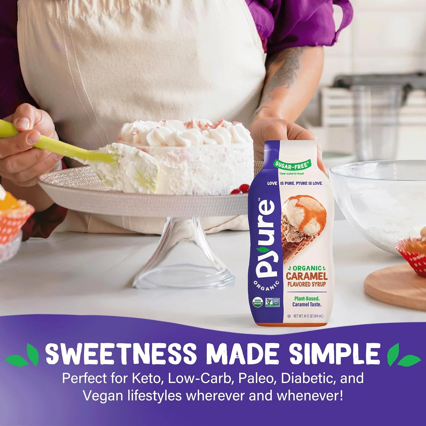 Pyure Organic Caramel Dessert Syrup – Neutral Design Squeeze Bottle for the Minimalist Healthy Home
