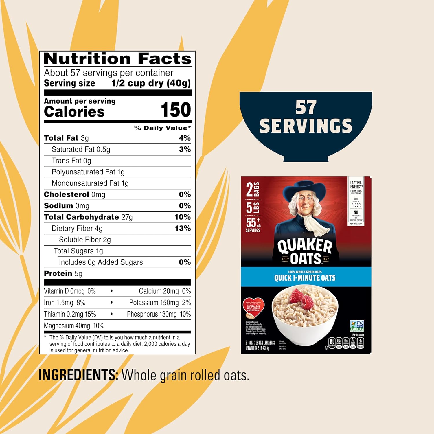 Quaker Quick 1-Minute Whole Grain Oats – Two-Bag Resealable Box for Simple Portion-Controlled Storage