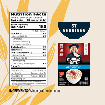 Quaker Quick 1-Minute Whole Grain Oats – Two-Bag Resealable Box for Simple Portion-Controlled Storage