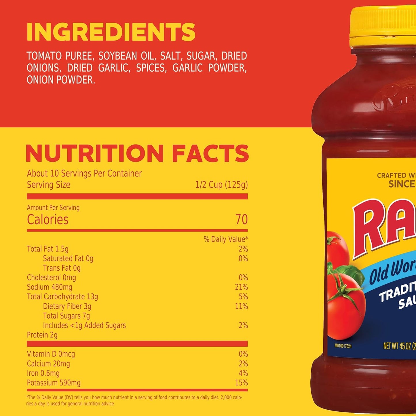 Ragu Old World Style Traditional Sauce, Quality Ingredients for Nourishing Pasta Night at Home, 45 oz