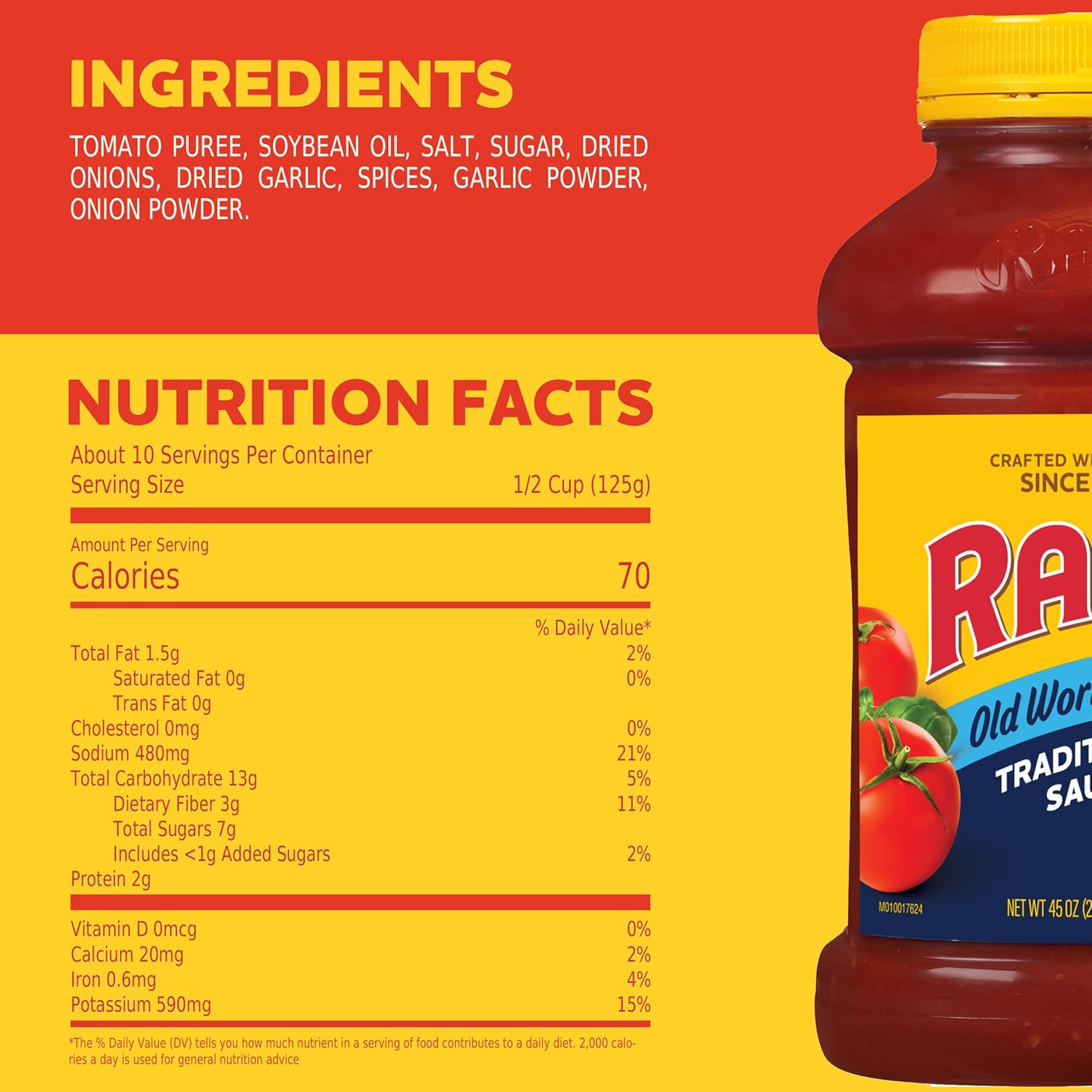 Ragu Old World Style Traditional Sauce, Quality Ingredients for Nourishing Pasta Night at Home, 45 oz