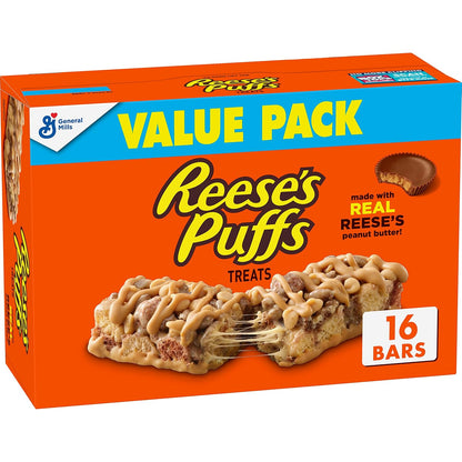 Reese's Puffs Peanut Butter Bars – Easy Backpack Snack for School Kids and Sports Practice, 16 ct Box
