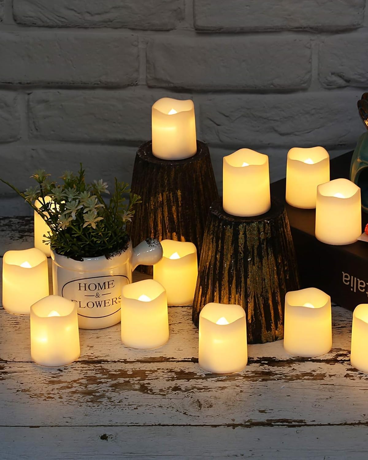SHYMERY Realistic Flickering LED Tea Light Candles 24 Pack for Wedding Reception Decorations 200 Hour Battery Warm White