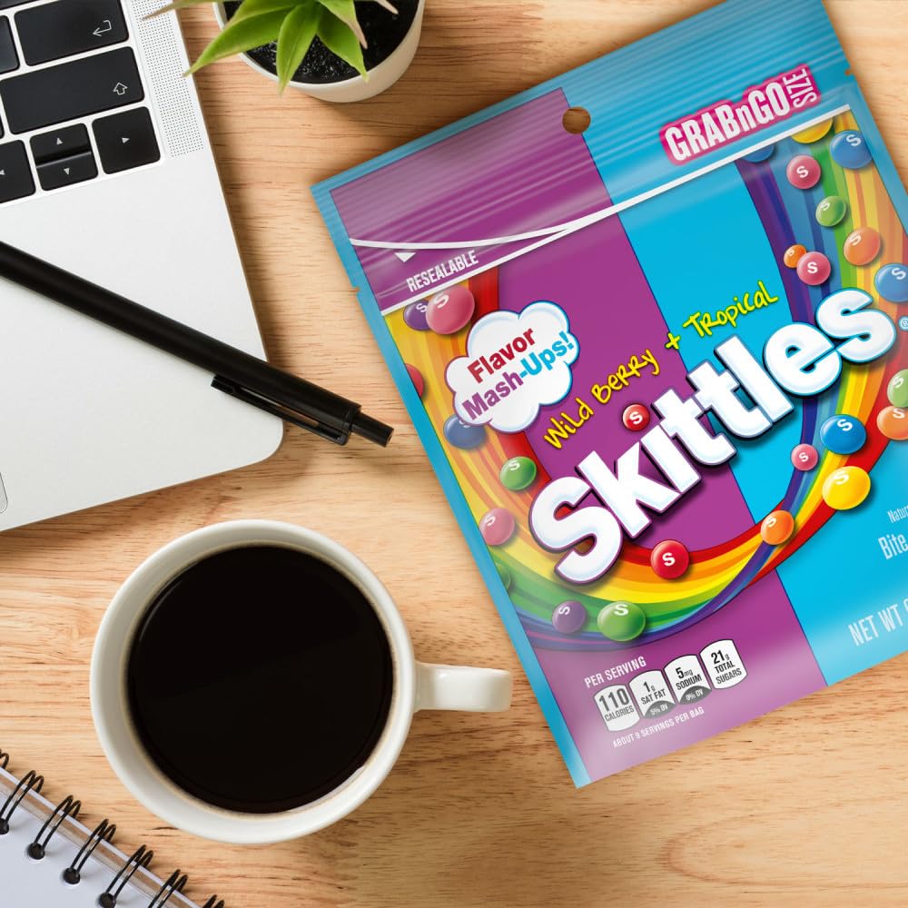 SKITTLES Mash-Ups Tropical and Wild Berry Chewy Candy, 9-Ounce Colorful Pouch for Birthday Party Favors and Kids Party Candy Dishes
