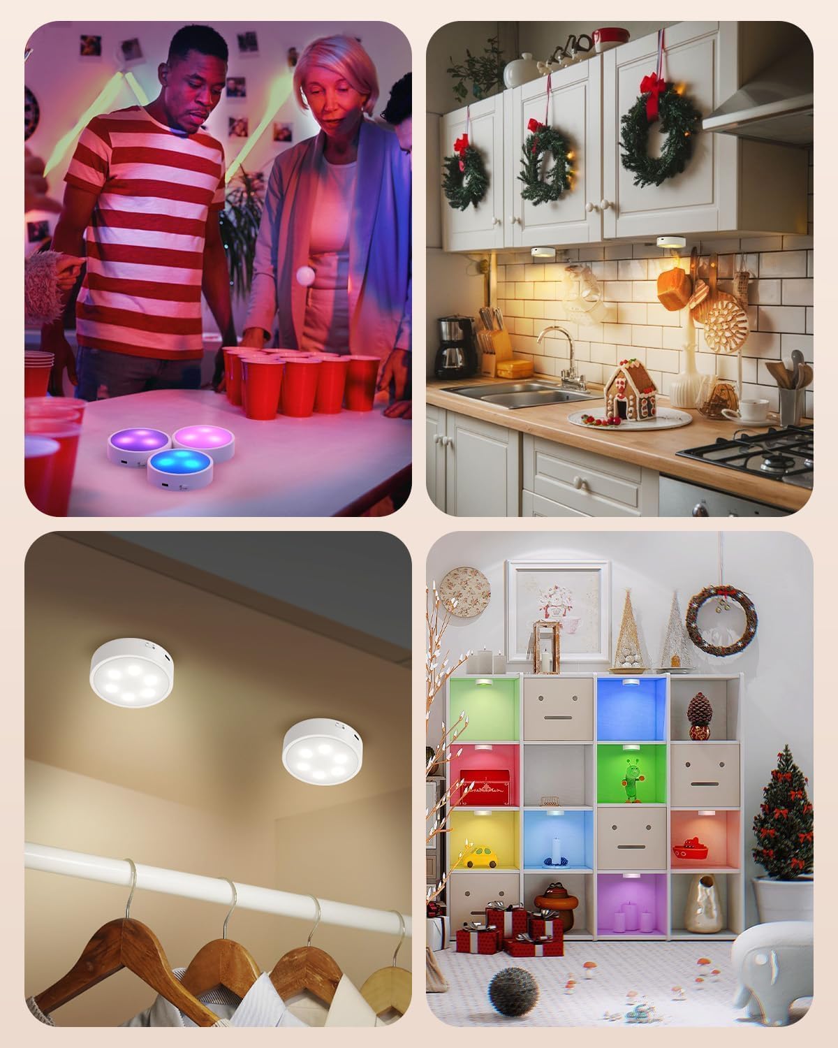 Slim Stick-On Puck Lights — Simple RGB Accent Lighting for Intentional, Uncluttered Spaces