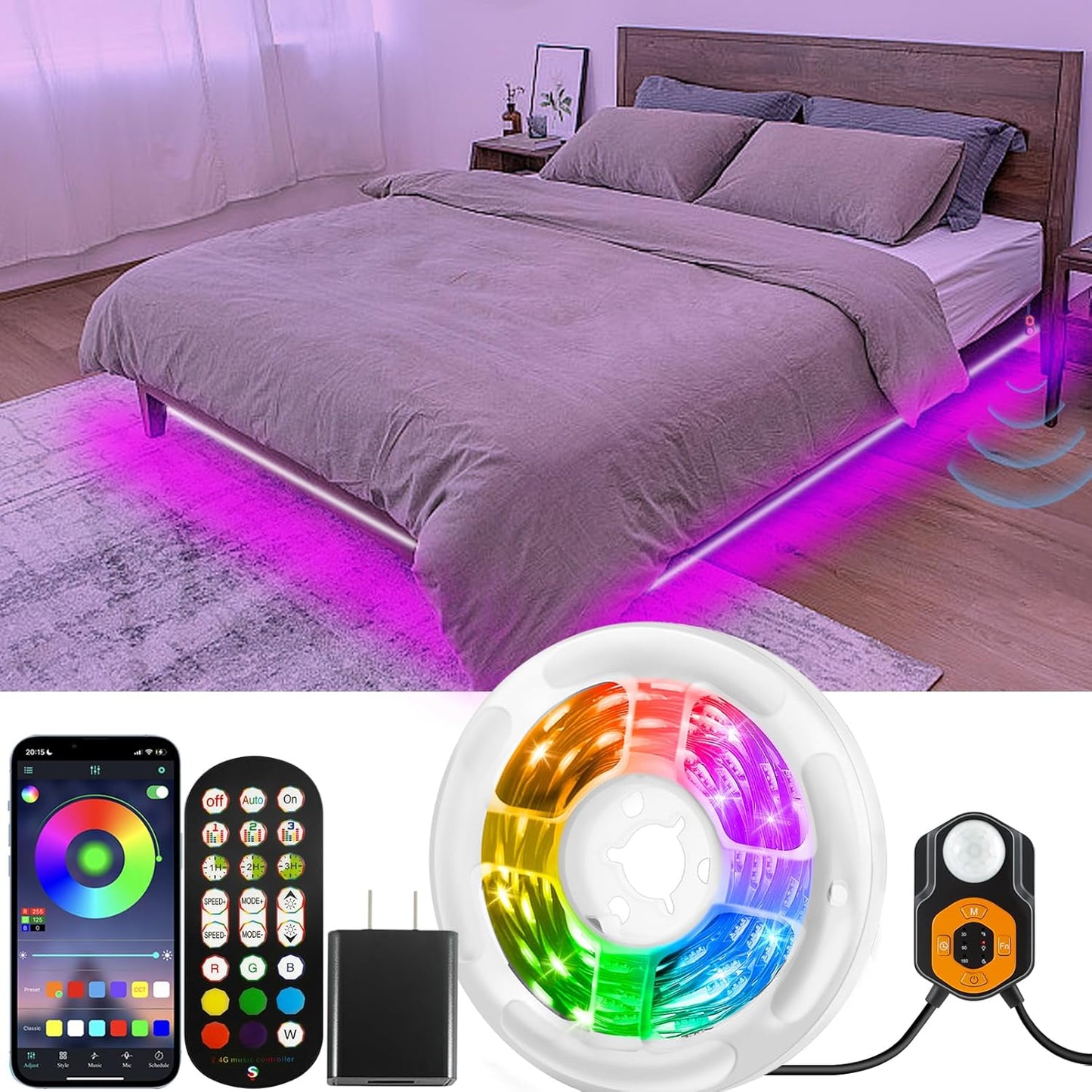 three lighting modes: motion sensor, light sensor (night-only), and constant on